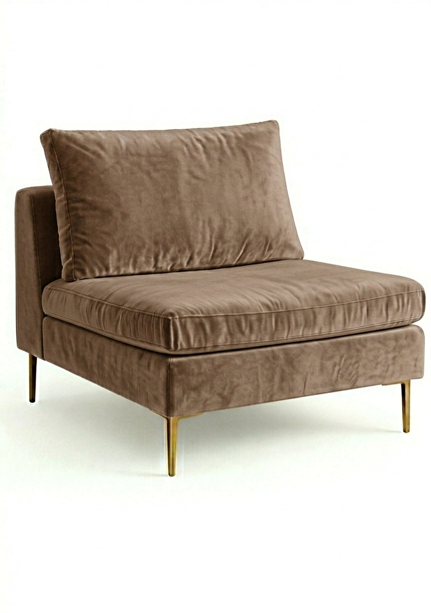 Sillón Edlyn premium en color stone, sin apoyabrazos, estructura de madera maciza y patas de aluminio dorado – Tienda de Banquitos