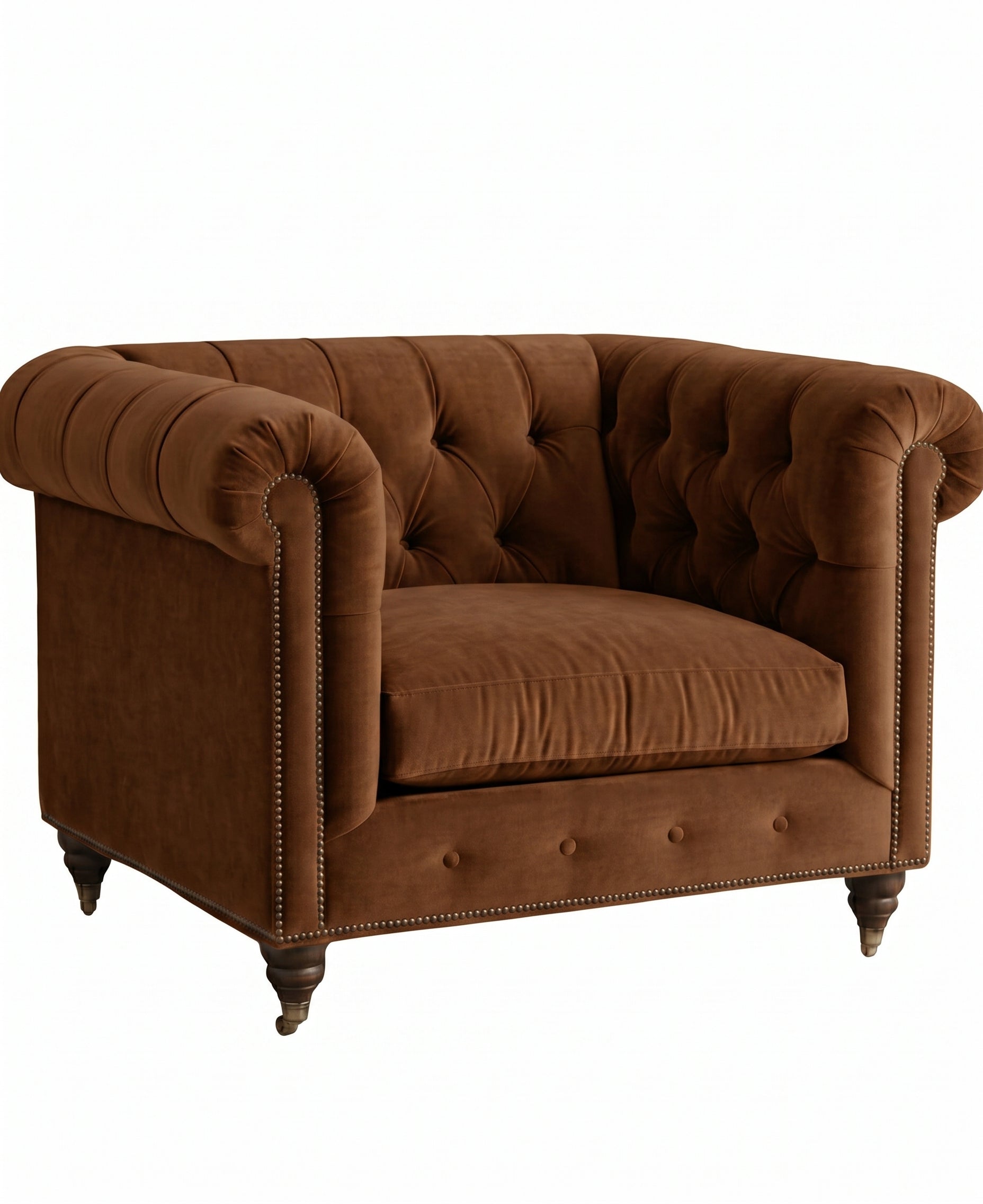 Sillón de un cuerpo Chesterfield color Suela en pana antimanchas importada, el clásico diseño inglés firme con detalle de tachas — con onda inglesa para destacar. Hecho a medida por Tienda de Banquitos.