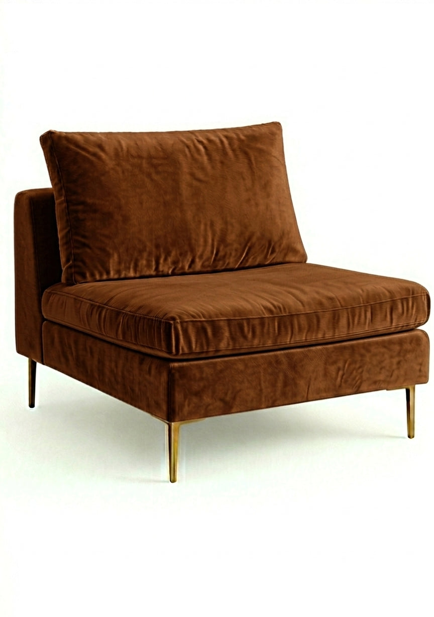 Sillón Edlyn premium en color suela, sin apoyabrazos, estructura de madera maciza y patas de aluminio dorado – Tienda de Banquitos