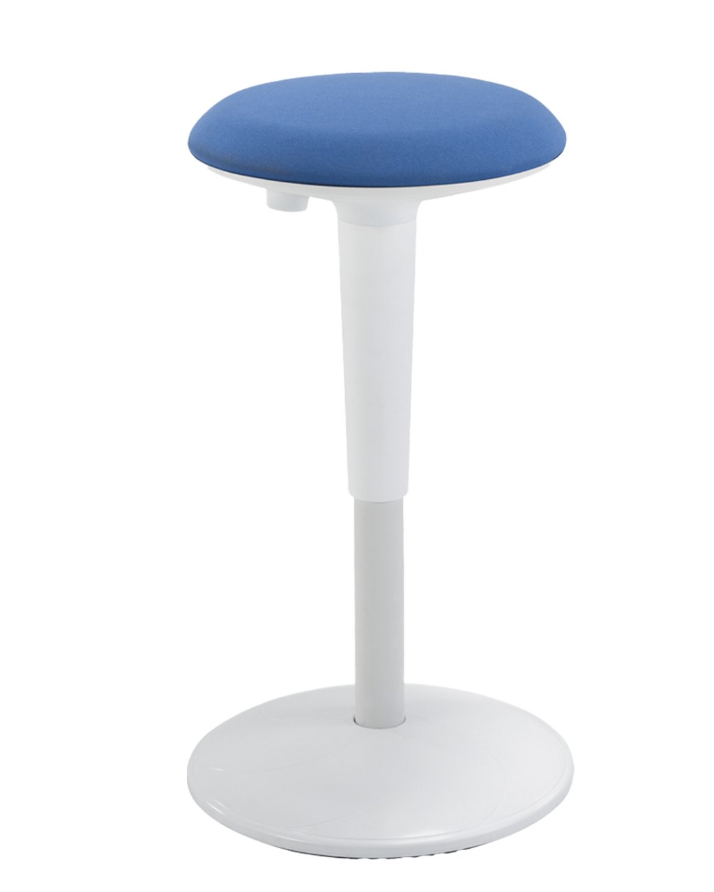 Taburete Pop de Archivos Activos blanco con asiento azul y base curva