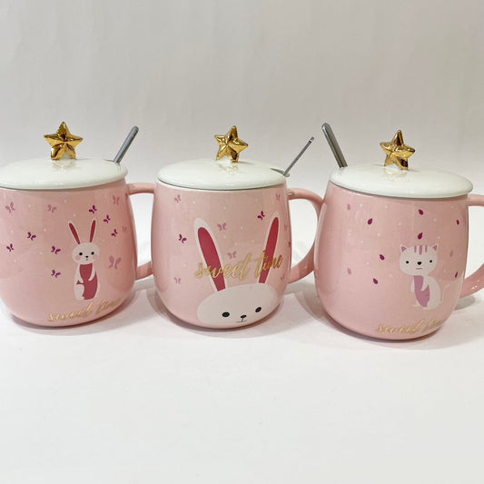 Taza cerámica con diseños de gatos y conejos - con tapa estrella dorada y cuchara