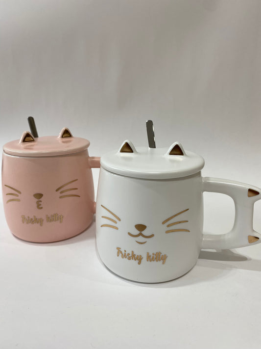 Taza cerámica gato rosa con tapa y cuchara - en uso
