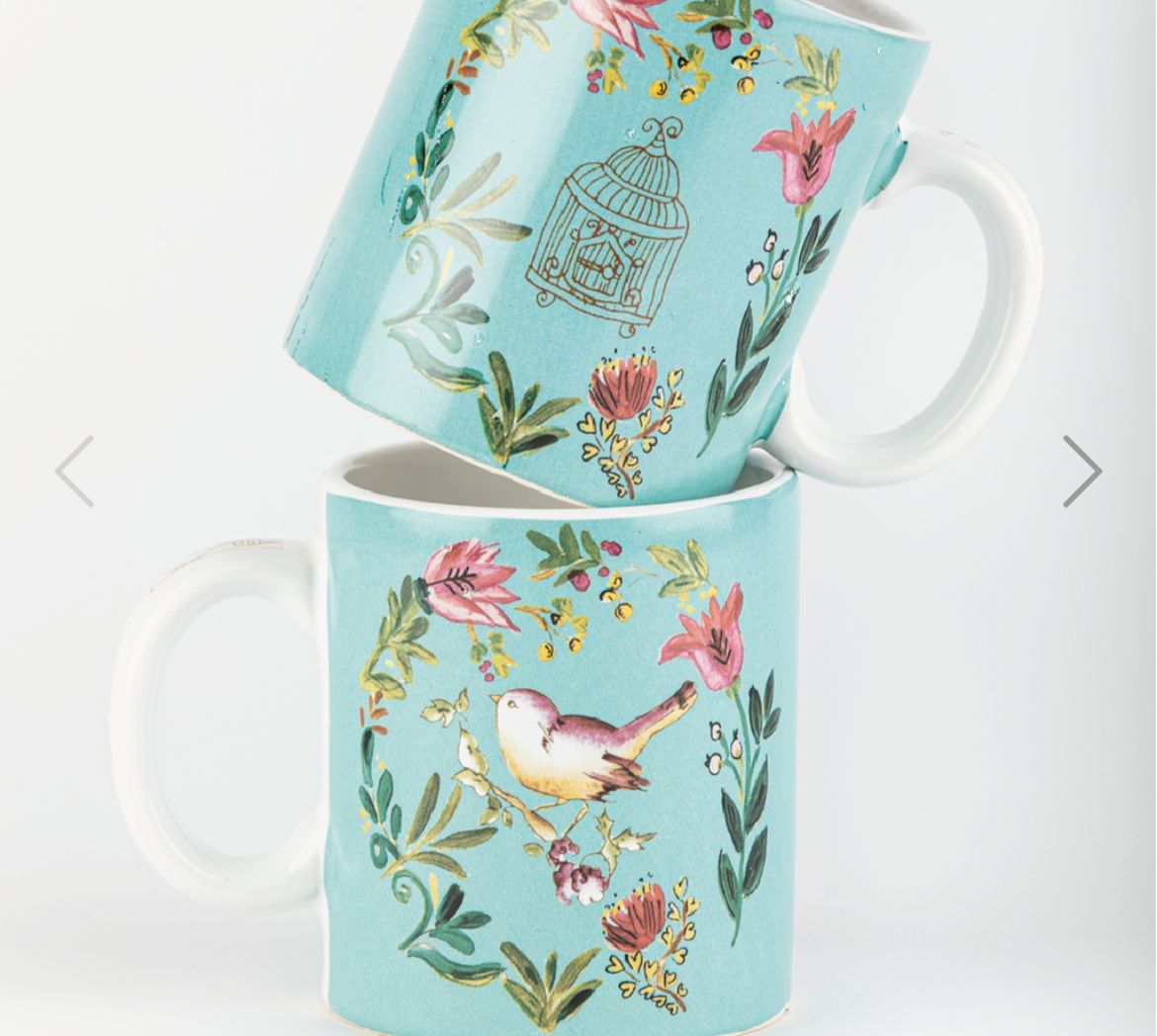 Taza cerámica pajarito Elsata - los 3 colores juntos verde rosa y blanco