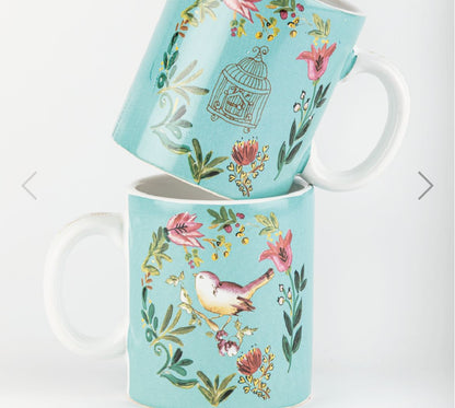 Taza cerámica pajarito Elsata - los 3 colores juntos verde rosa y blanco