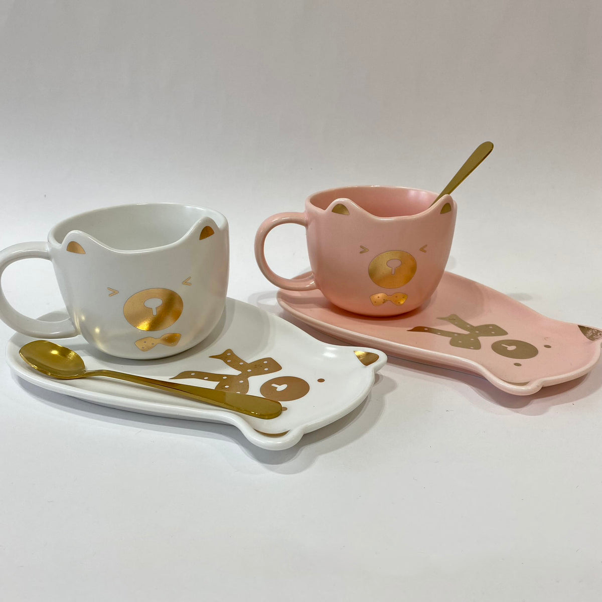 Taza gatito cerámica con plato y cuchara dorada - vista detalle