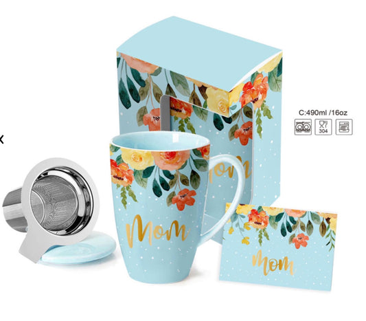 Taza Mom celeste de cerámica de 490 ml con flores, tapa, infusor de acero inoxidable, tarjeta y caja de regalo para el Día de la Madre