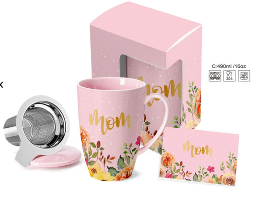 Taza Mom rosa de cerámica de 490 ml con tapa, infusor de acero inoxidable, tarjeta y caja de regalo para el Día de la Madre