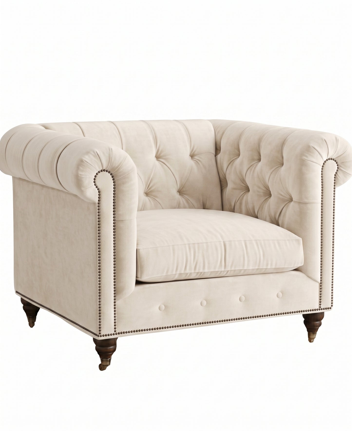 Sillón de un cuerpo Chesterfield color Tiza en pana antimanchas importada, el clásico diseño inglés firme con detalle de tachas — para un living con carácter que dure toda la vida. Hecho a medida por Tienda de Banquitos.