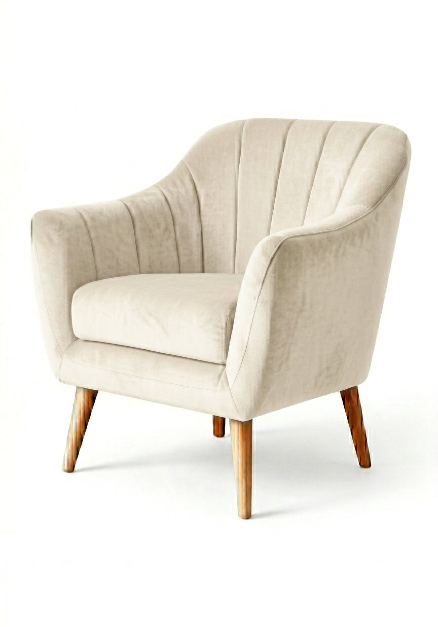 Sillón de un cuerpo Collin color Tiza en pana antimanchas importada, diseño liviano de respaldo bajo y patas de madera — liviano y fácil de ubicar en cualquier ambiente. Hecho a medida por Tienda de Banquitos.