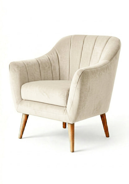 Sillón de un cuerpo Collin color Tiza en pana antimanchas importada, diseño liviano de respaldo bajo y patas de madera — liviano y fácil de ubicar en cualquier ambiente. Hecho a medida por Tienda de Banquitos.