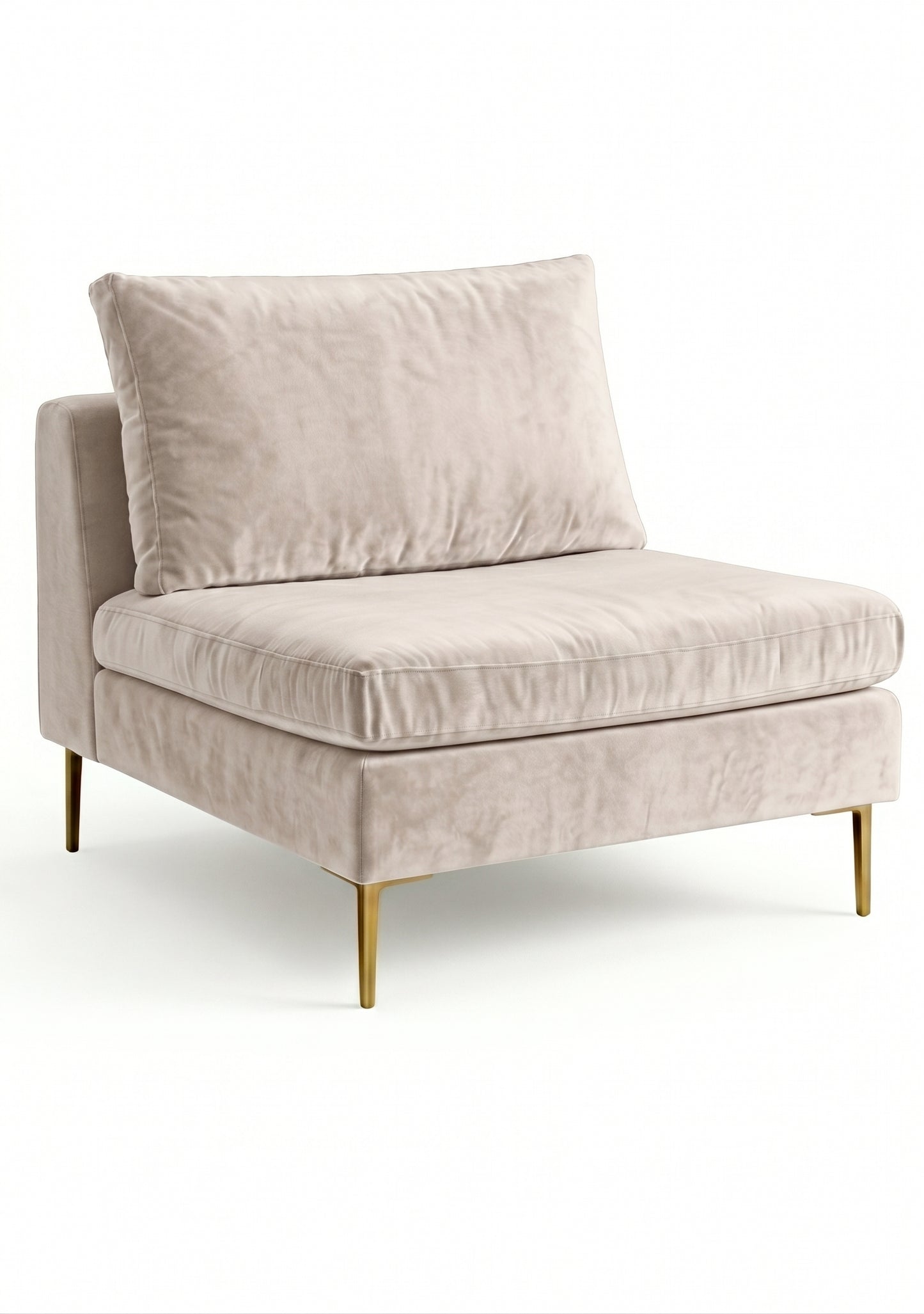 Sillón Edlyn premium en color tiza, sin apoyabrazos, estructura de madera maciza y patas de aluminio dorado – Tienda de Banquitos