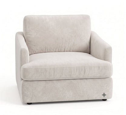 Sillón de un cuerpo Elton color Tiza en pana antimanchas importada, silueta simple y minimalista — la opción versátil para no tener que elegir un estilo definido. Hecho a medida por Tienda de Banquitos.