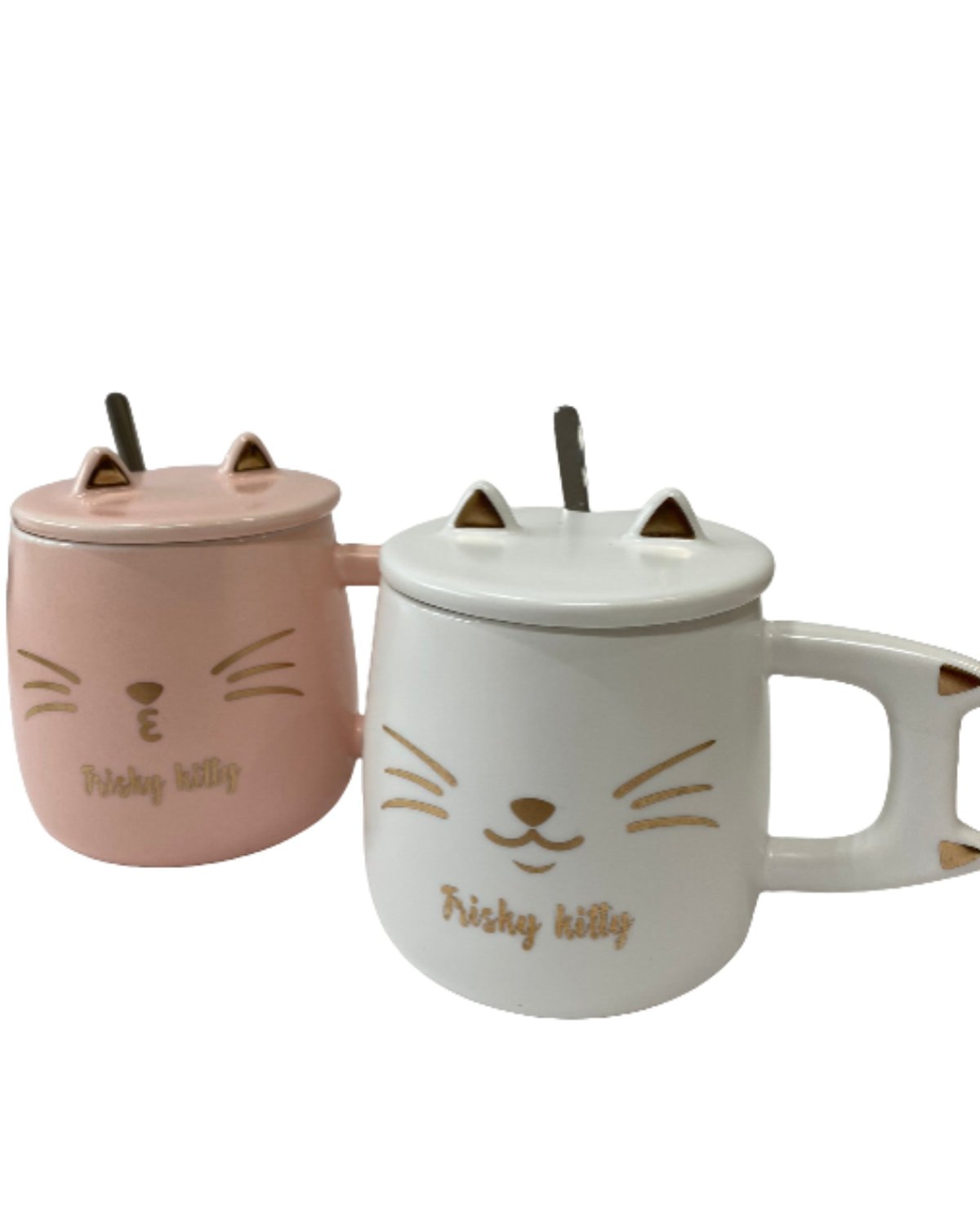 Taza cerámica Gato con tapa y cuchara – colores rosa blanco y celeste