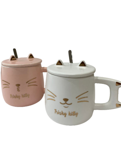 Taza cerámica Gato con tapa y cuchara – colores rosa blanco y celeste