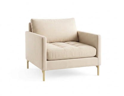 Sillón de un cuerpo Ristretto color Vainilla en pana antimanchas importada, detalle textural en el asiento y patas doradas — para un sillón elegante ideal si recibís visitas seguido. Hecho a medida por Tienda de Banquitos.