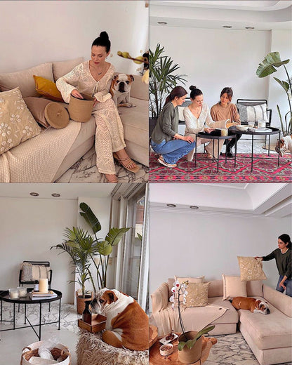 Collage de Valentina Salezzi con amigas en el living, junto al Esquinero Elton en tono crudo