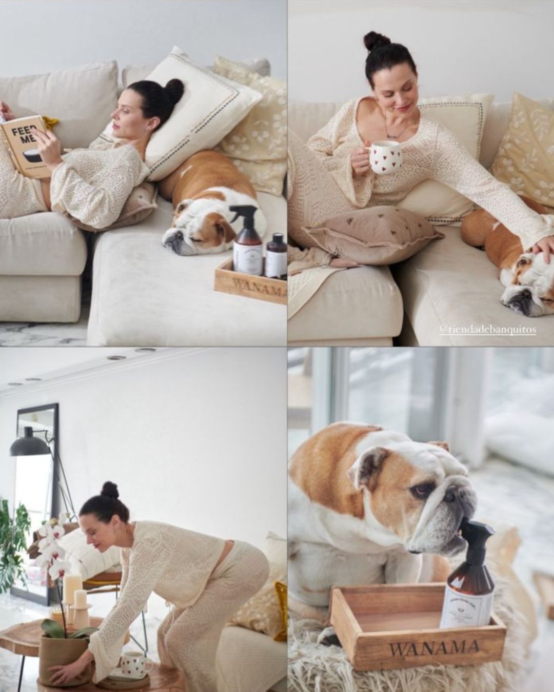 Collage de Valentina Salezzi leyendo y tomando algo en su Esquinero Elton crudo, con su bulldog