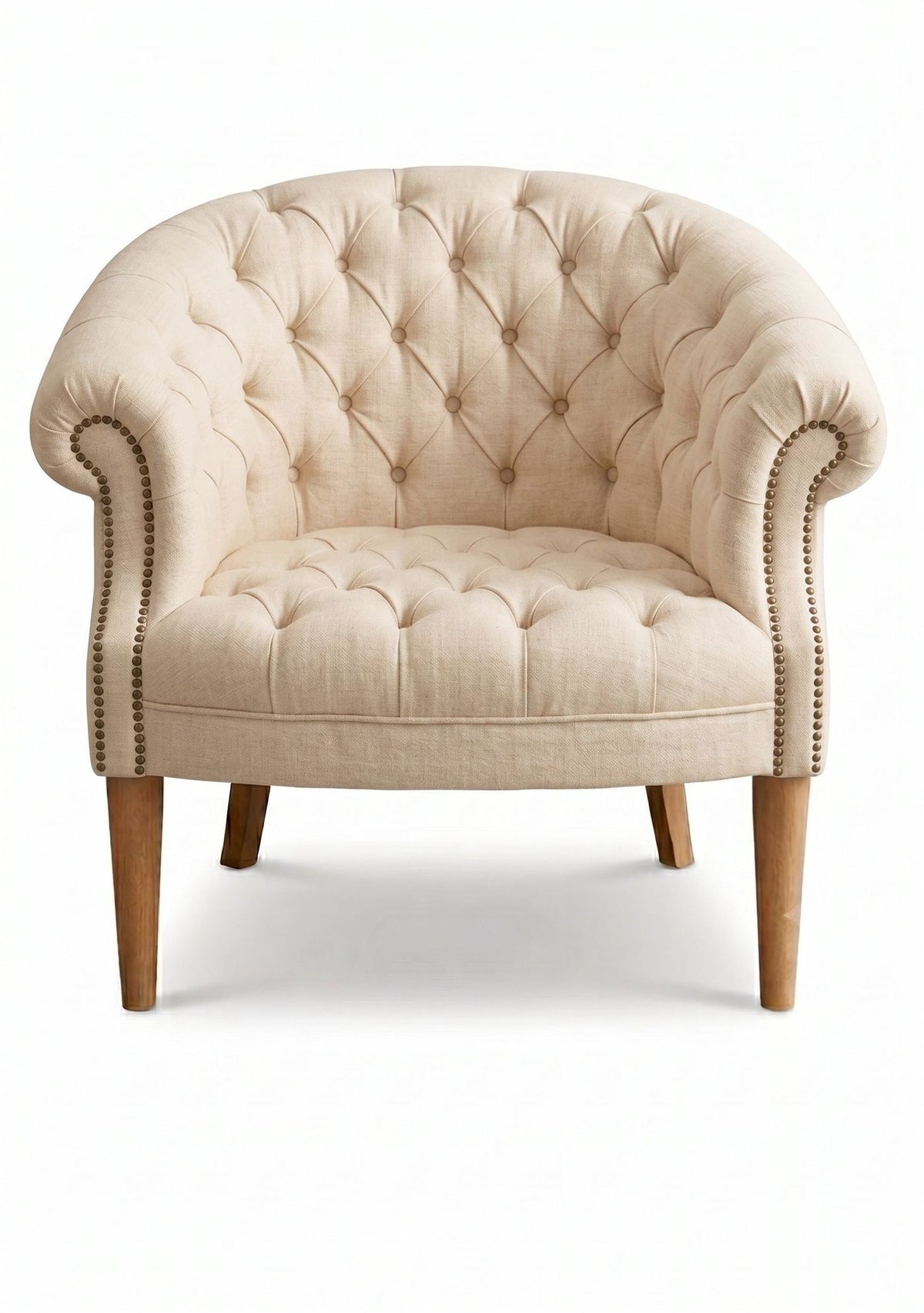Sillón Nairobi de un cuerpo tapizado en vainilla, capitoné redondeado con tachas y patas de madera – Tienda de Banquitos