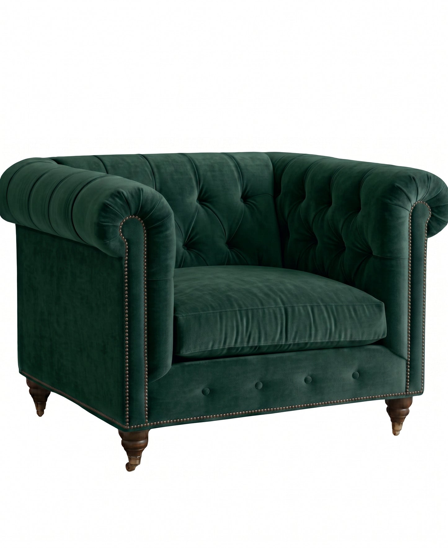 Sillón de un cuerpo Chesterfield color Verde inglés en pana antimanchas importada, el clásico diseño inglés firme con detalle de tachas — con onda inglesa para destacar. Hecho a medida por Tienda de Banquitos.