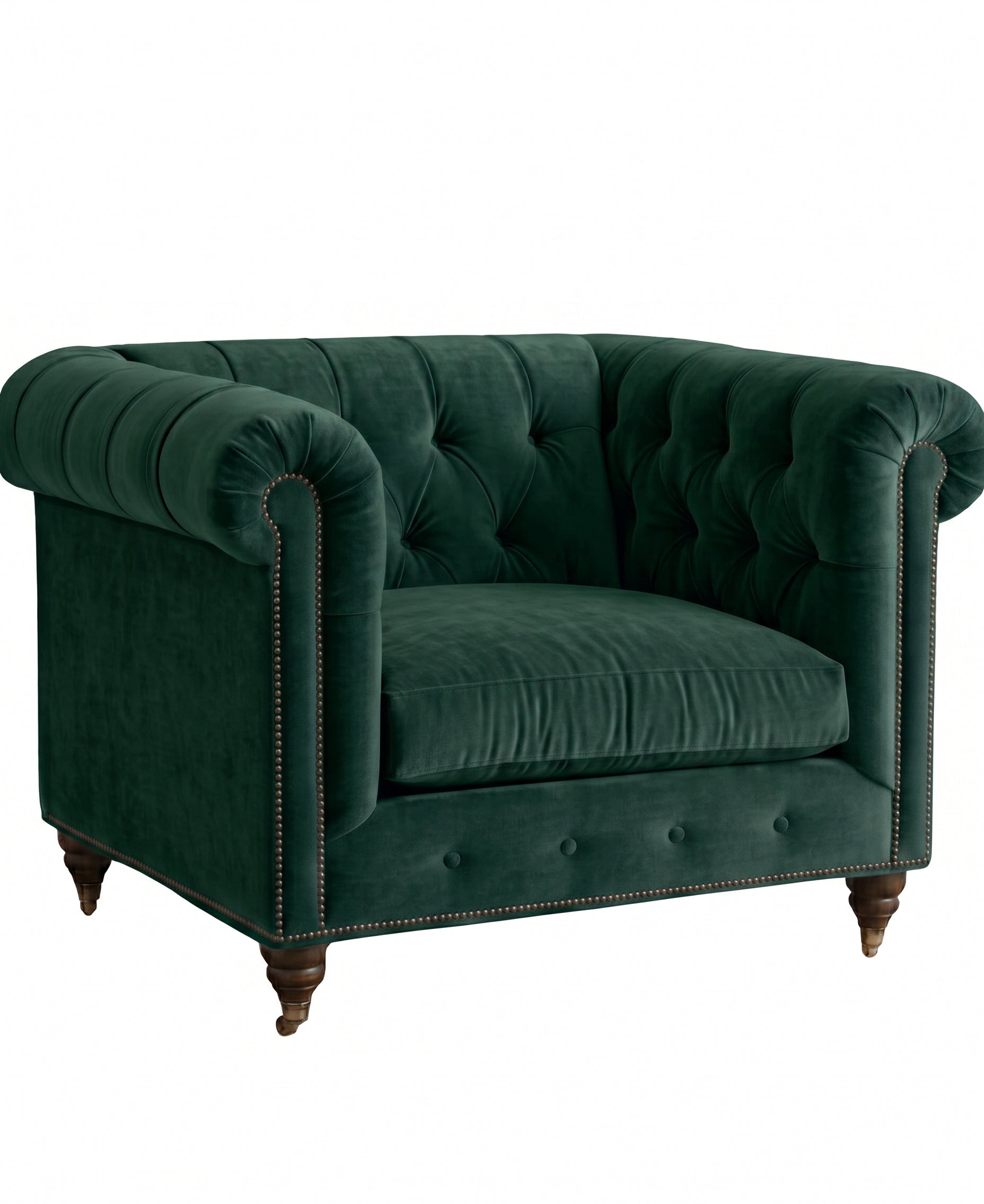 Sillón de un cuerpo Chesterfield color Verde inglés en pana antimanchas importada, el clásico diseño inglés firme con detalle de tachas — con onda inglesa para destacar. Hecho a medida por Tienda de Banquitos.