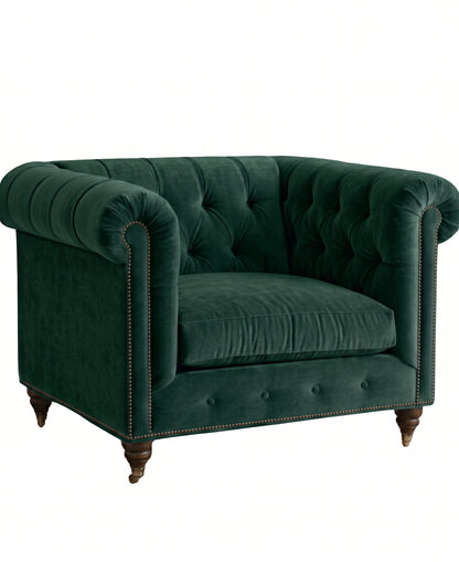 Sillón de un cuerpo Chesterfield color Verde inglés en pana antimanchas importada, el clásico diseño inglés firme con detalle de tachas — con onda inglesa para destacar. Hecho a medida por Tienda de Banquitos.