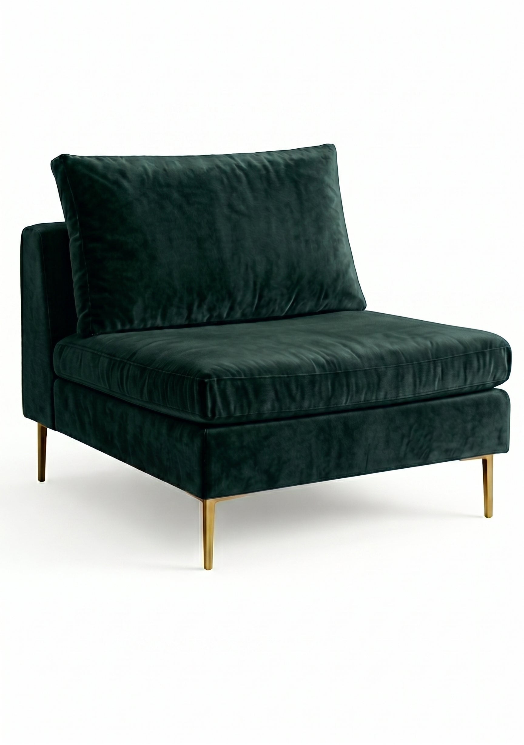 Sillón Edlyn premium en color verde inglés, sin apoyabrazos, estructura de madera maciza y patas de aluminio dorado – Tienda de Banquitos