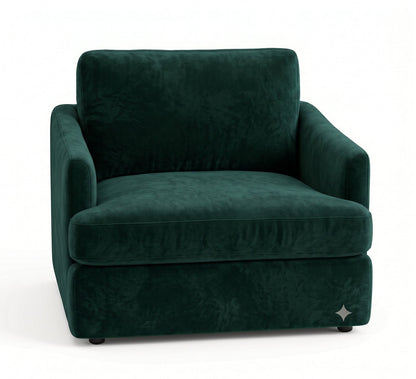 Sillón de un cuerpo Elton color Verde inglés en pana antimanchas importada, silueta simple y minimalista — un sillón simple que combine con todo. Hecho a medida por Tienda de Banquitos.