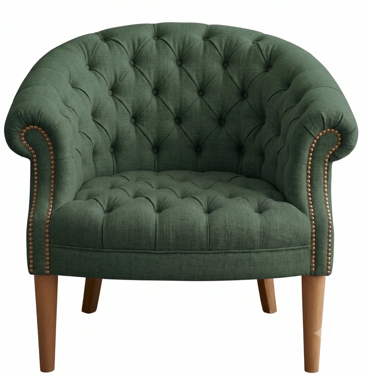 Sillón Nairobi de un cuerpo tapizado en verde, capitoné redondeado con tachas y patas de madera – Tienda de Banquitos