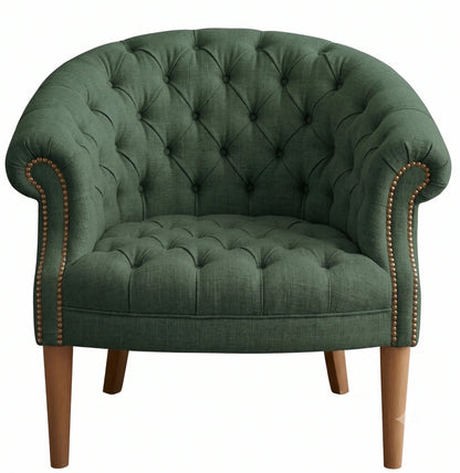 Sillón Nairobi de un cuerpo tapizado en verde, capitoné redondeado con tachas y patas de madera – Tienda de Banquitos