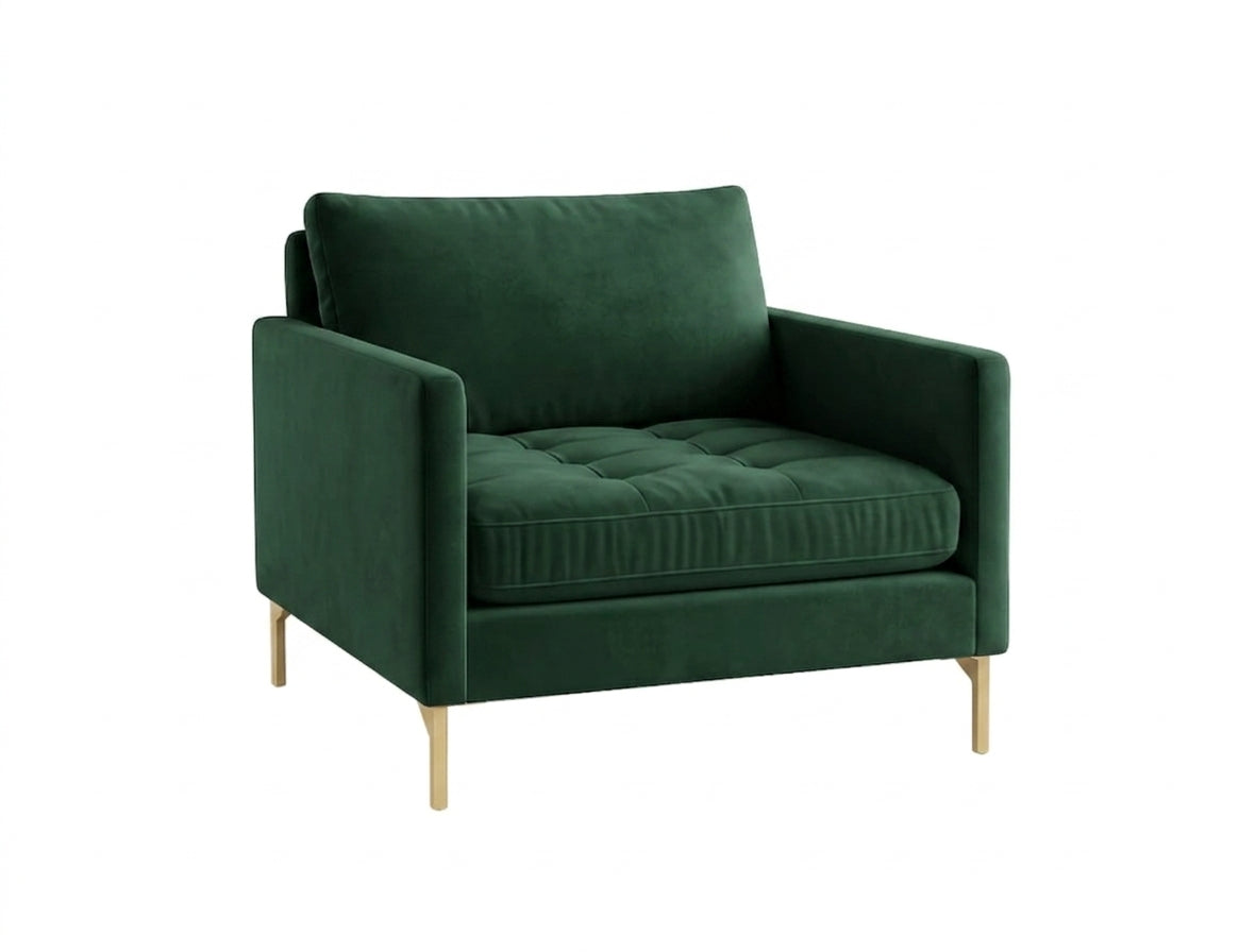 Sillón de un cuerpo Ristretto color Verde inglés en pana antimanchas importada, detalle textural en el asiento y patas doradas — que le da onda al living. Hecho a medida por Tienda de Banquitos.