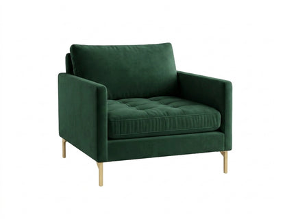 Sillón de un cuerpo Ristretto color Verde inglés en pana antimanchas importada, detalle textural en el asiento y patas doradas — que le da onda al living. Hecho a medida por Tienda de Banquitos.
