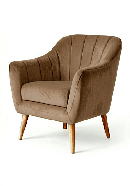 Sillón de un cuerpo Collin color Visón en pana antimanchas importada, diseño liviano de respaldo bajo y patas de madera — perfecto como sillón de dormitorio. Hecho a medida por Tienda de Banquitos.