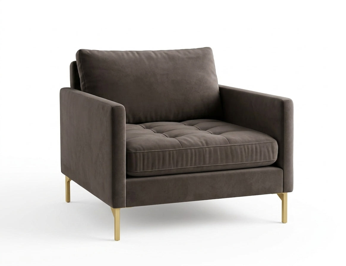 Sillón de un cuerpo Ristretto color Visón en pana antimanchas importada, detalle textural en el asiento y patas doradas — para un sillón elegante ideal si recibís visitas seguido. Hecho a medida por Tienda de Banquitos.