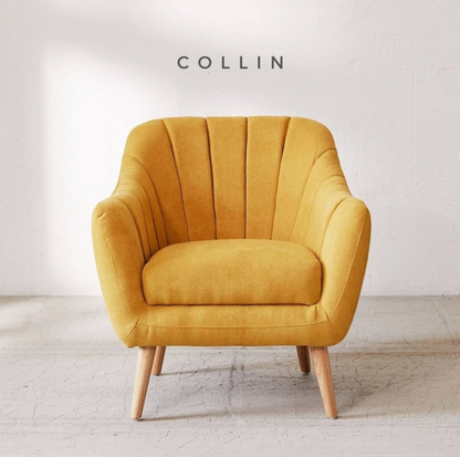 Sillón de un cuerpo modelo Collin en color amarillo, con patas de madera natural, respaldo bajo y diseño minimalista, sobre fondo blanco
