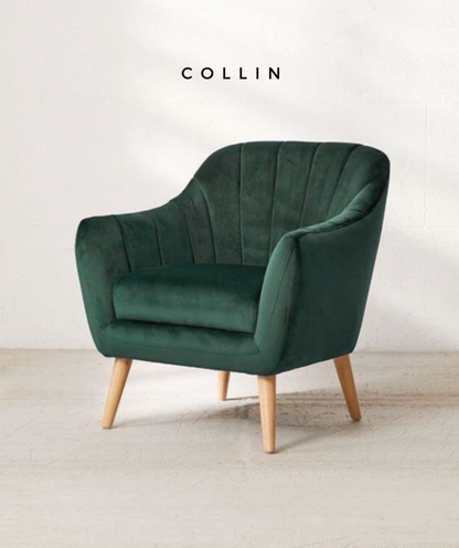 Sillón Collin tapizado con respaldo acanalado y patas de madera clara disponible con promociones especiales por el CyberMonday incluyendo descuentos y seis cuotas sin interés con stock limitado.