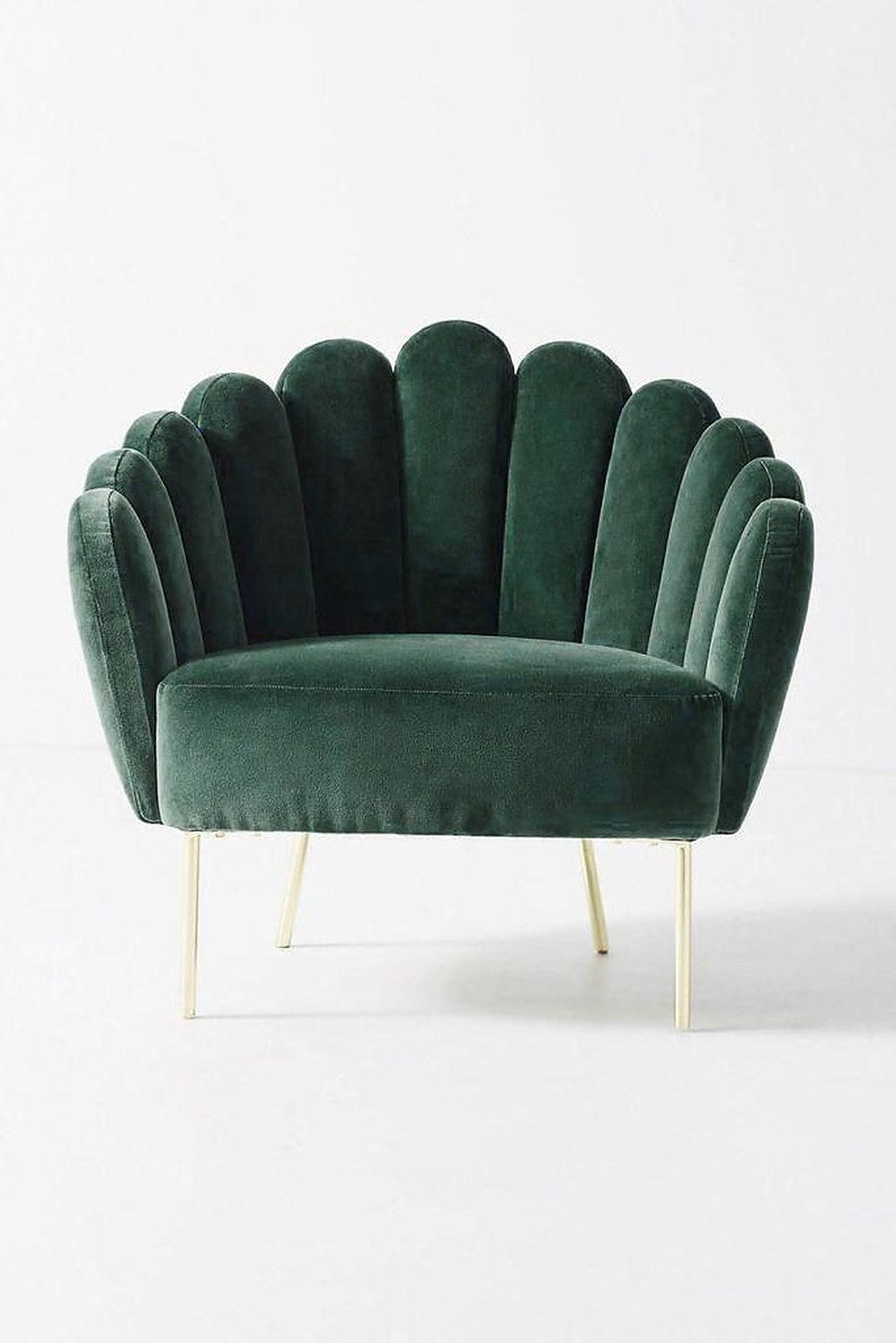 Sillón Angie de un cuerpo color Verde inglés en pana antimanchas, respaldo curvo tipo abanico y patas doradas