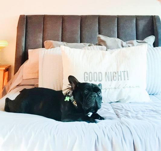 Respaldo de cama tapizado en tela gris oscuro con diseño vertical acolchonado, que aporta estilo y elegancia al dormitorio. Sobre la cama se ven almohadones claros y un perro negro recostado en el centro