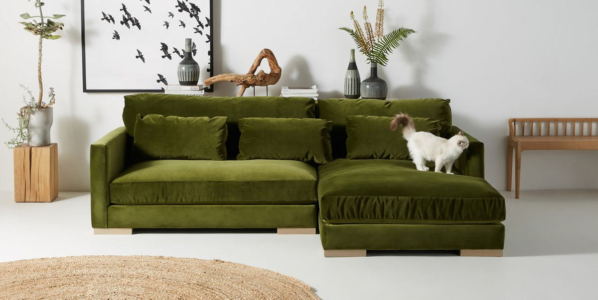 Sillón esquinero Steven en verde con un gato sobre el respaldo, en un living con alfombra de yute