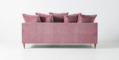 Sofá Lucrecia 2 o 3 cuerpos tapizado en rosa, vista trasera con los almohadones del respaldo - Tienda de Banquitos