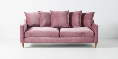 Sofá Lucrecia 2 o 3 cuerpos tapizado en pana antimanchas rosa, vista frontal con almohadones - Tienda de Banquitos